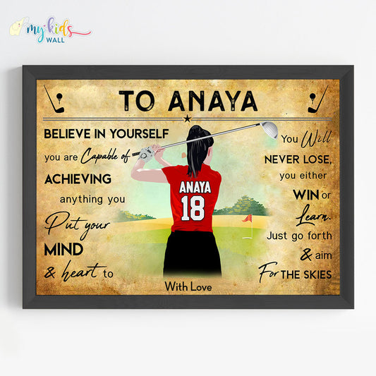 Golf Player Girl Personalized Motivational Wall Art (Framed)