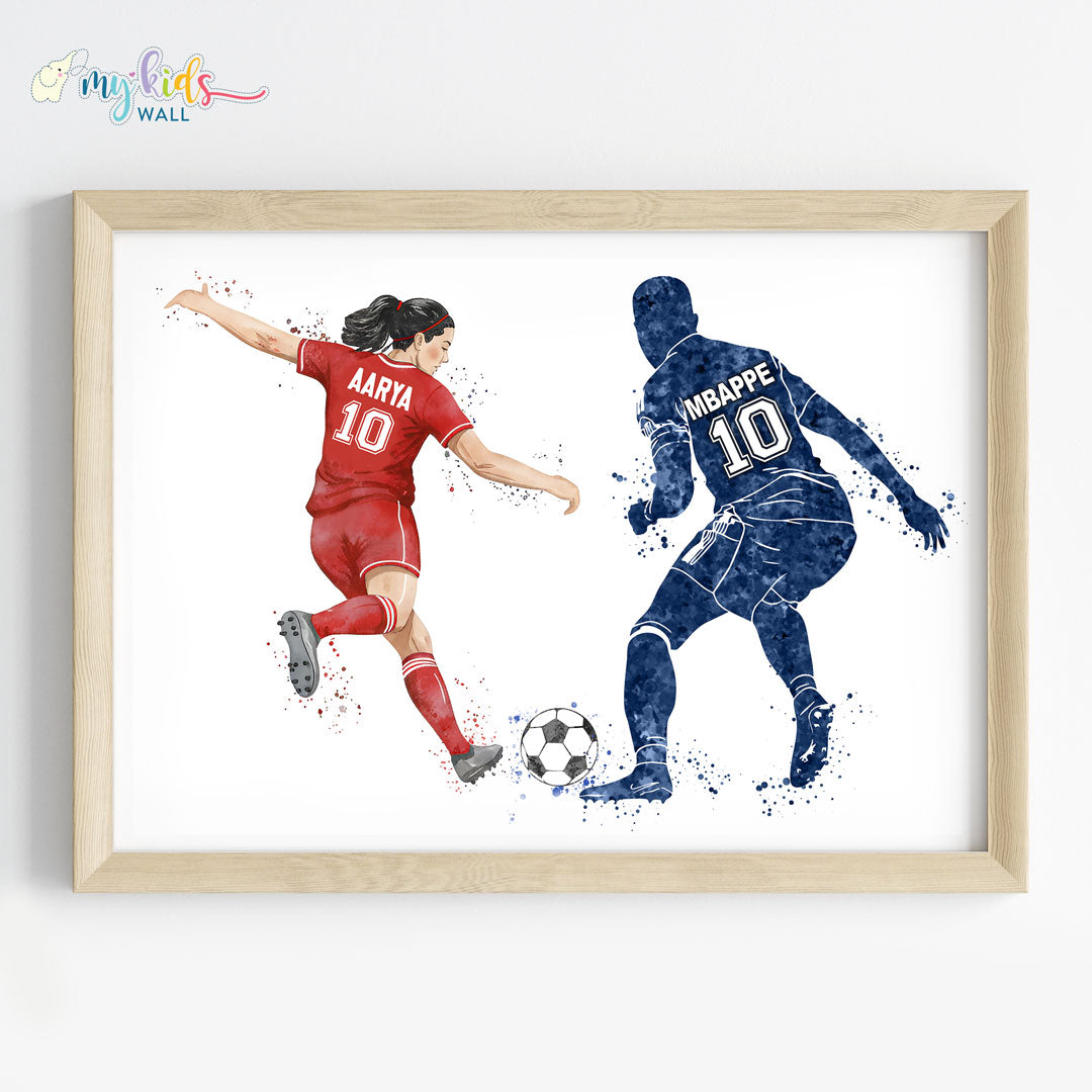 Girl Playing Football with Mbappe Personalized Wall Art (Framed)