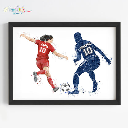 Girl Playing Football with Mbappe Personalized Wall Art (Framed)