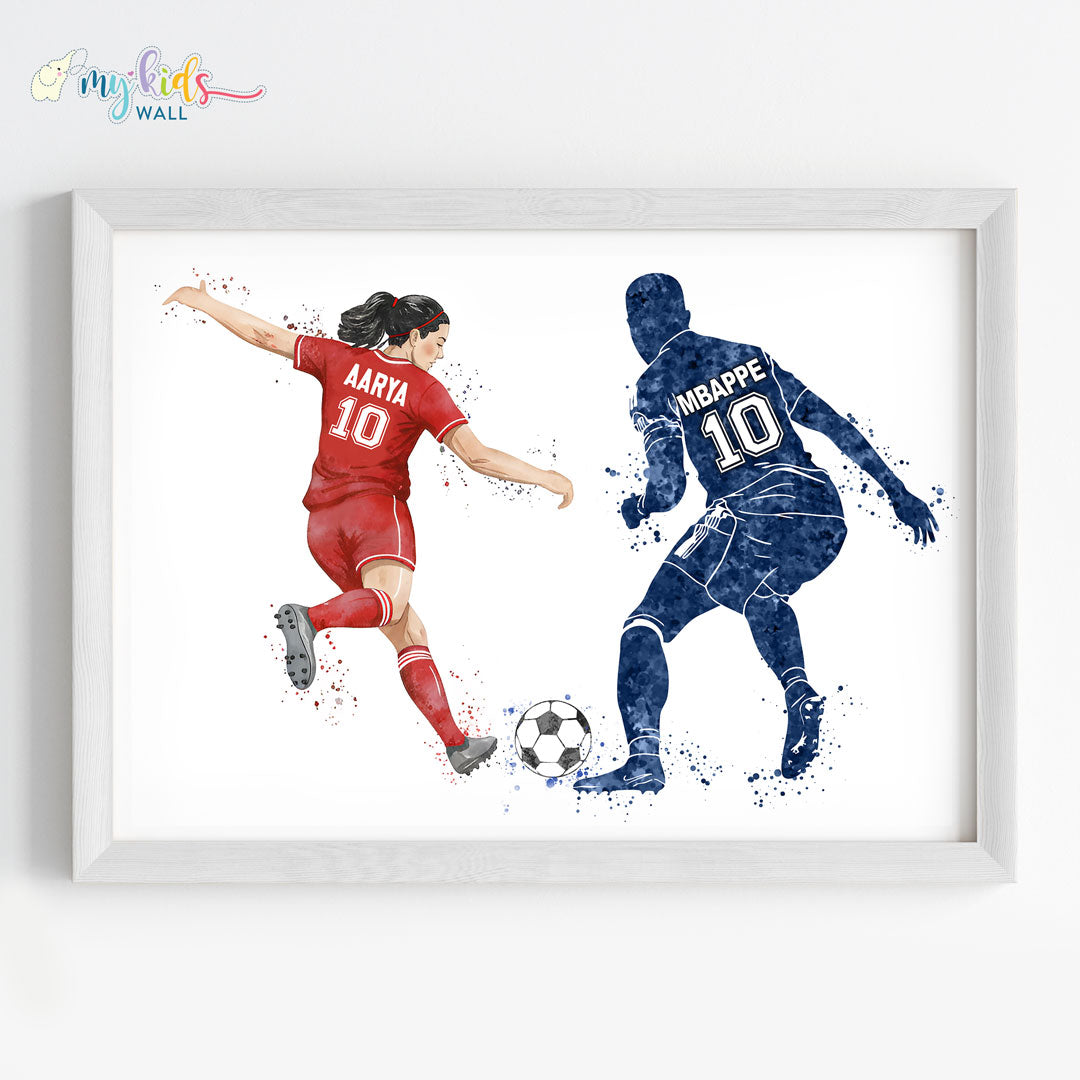 Girl Playing Football with Mbappe Personalized Wall Art (Framed)