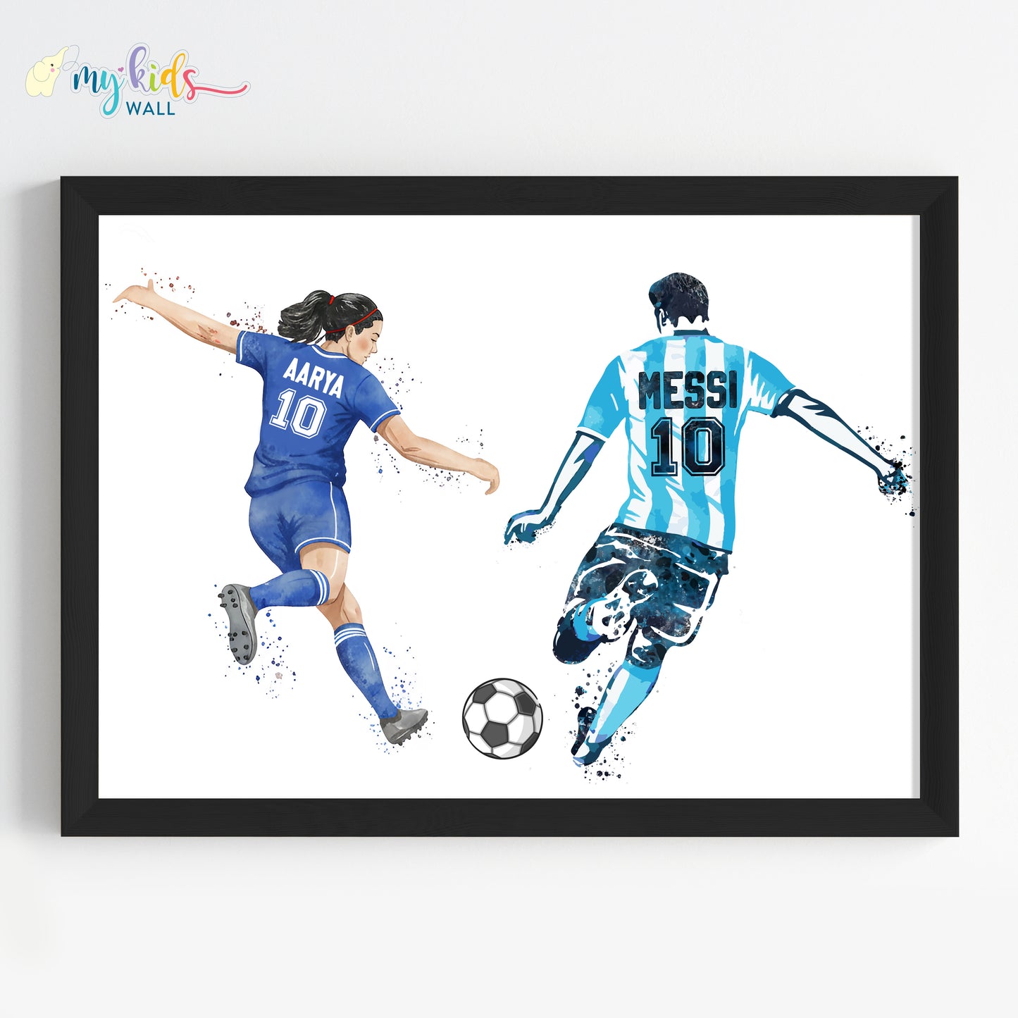 Girl Playing Football with Messi Personalized Wall Art (Framed)