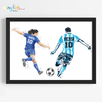 Girl Playing Football with Messi Personalized Wall Art (Framed)