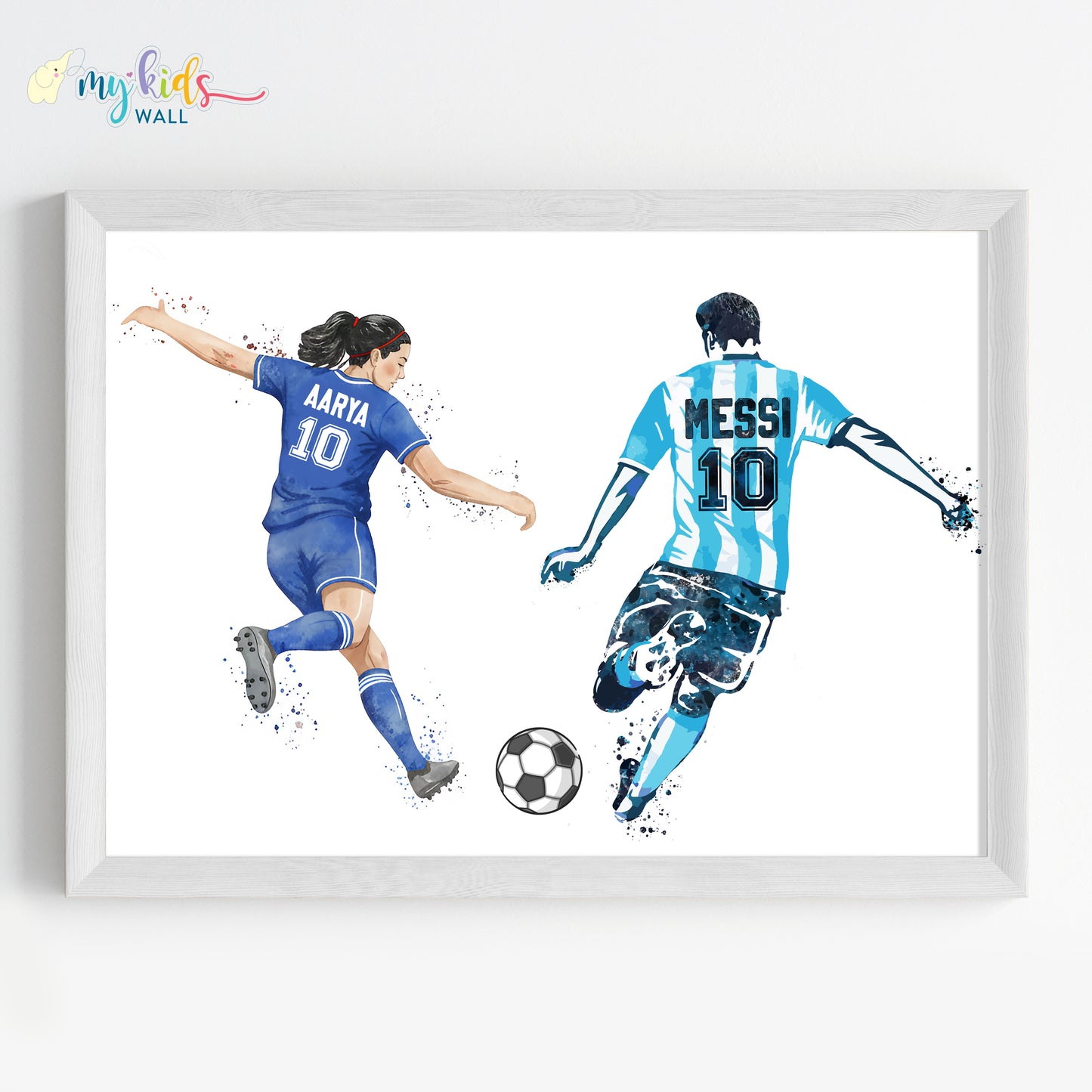 Girl Playing Football with Messi Personalized Wall Art (Framed)