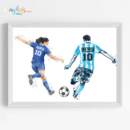 Girl Playing Football with Messi Personalized Wall Art (Framed)