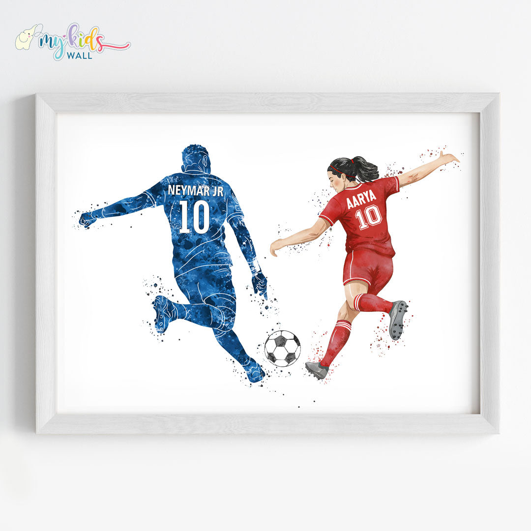 Girl Playing Football with Neymar Personalized Wall Art (Framed)