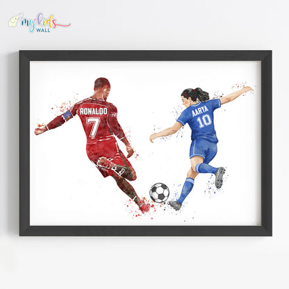 Girl Playing Football with Ronaldo Personalized Wall Art (Framed)