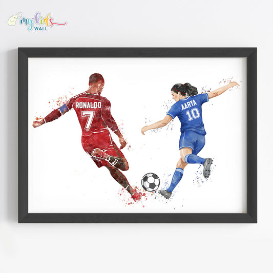 Girl Playing Football with Ronaldo Personalized Wall Art (Framed)