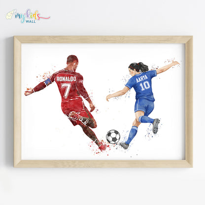 Girl Playing Football with Ronaldo Personalized Wall Art (Framed)