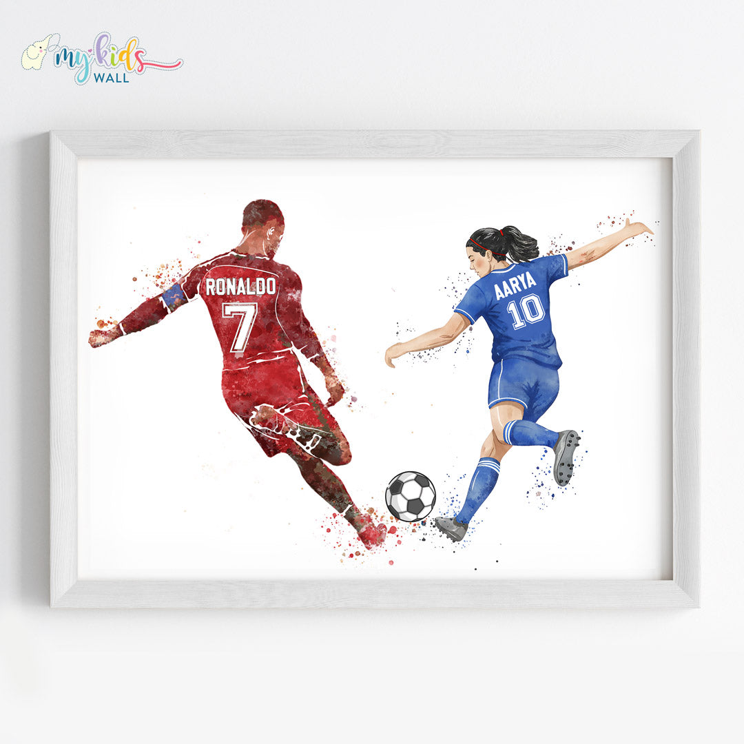 Girl Playing Football with Ronaldo Personalized Wall Art (Framed)