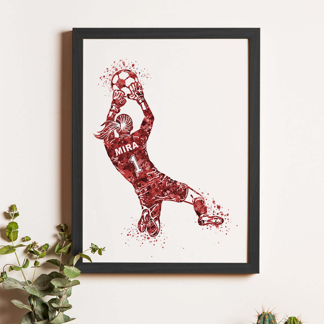 Inspirational red football goal keeper girl wall art black frame