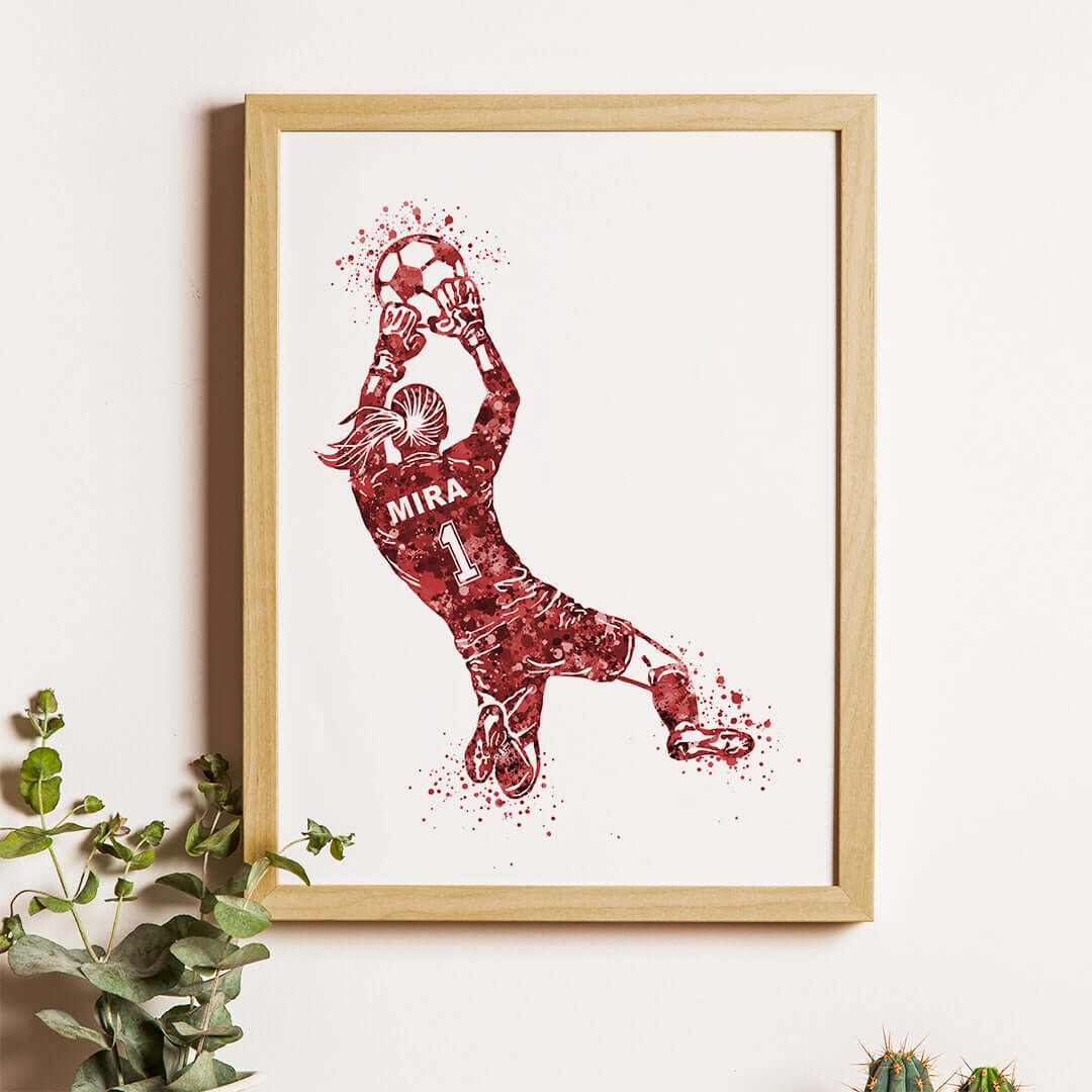 Inspirational red football goal keeper girl wall art wooden frame