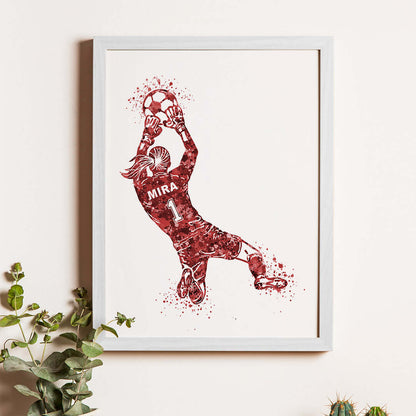 Inspirational red football goal keeper girl wall art white frame