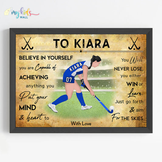 Hockey Player Girl Personalized Motivational Wall Art (Framed)