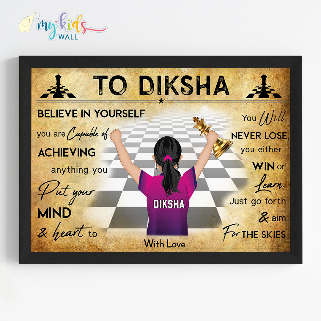 Chess Player Girl Personalized Motivational Wall Art (Framed)