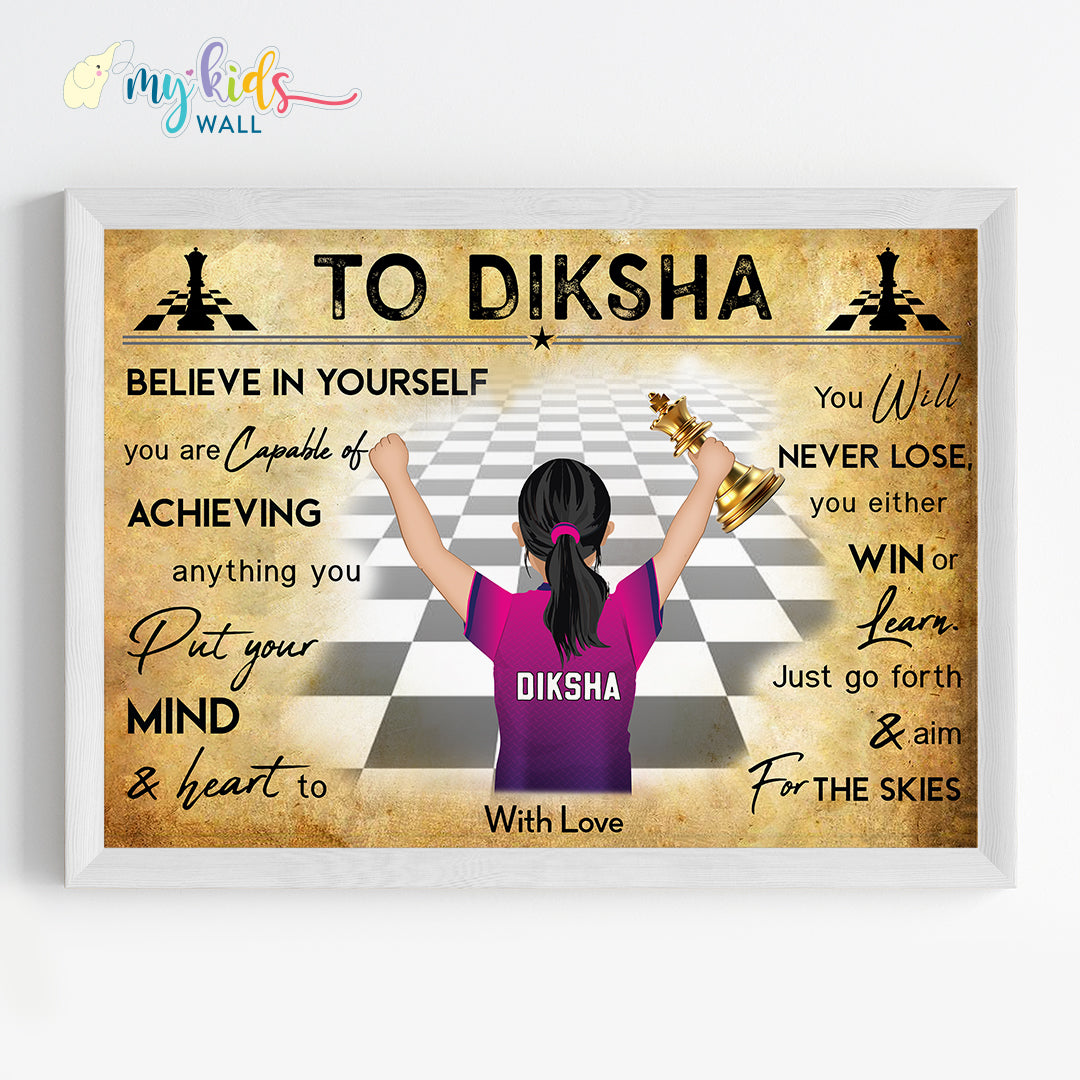 Chess Player Girl Personalized Motivational Wall Art (Framed)