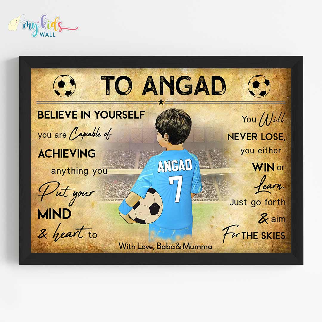 India Motivational football player boy wall art black frame