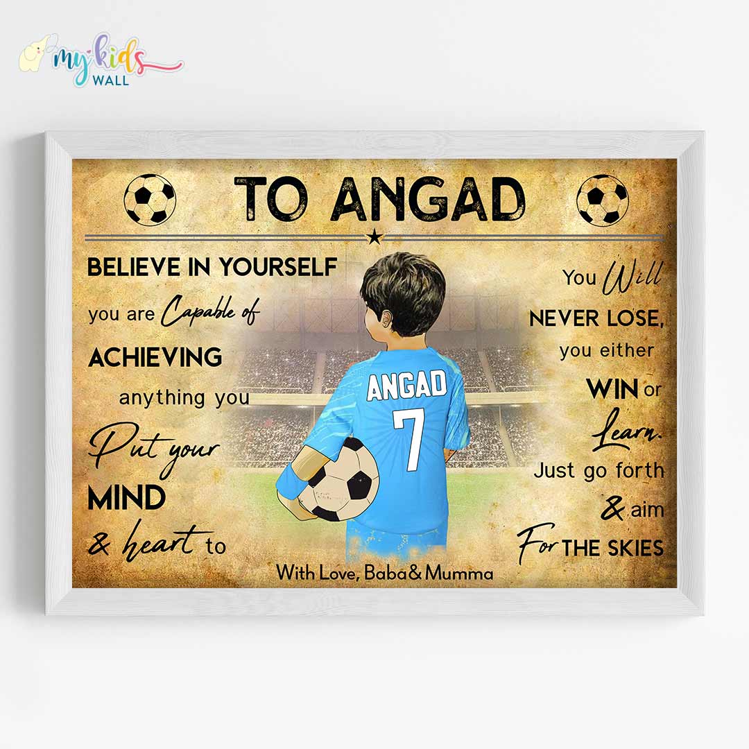 India Motivational football player boy wall art white frame