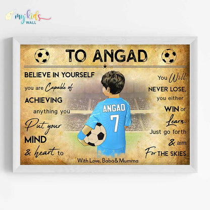 India Motivational football player boy wall art white frame