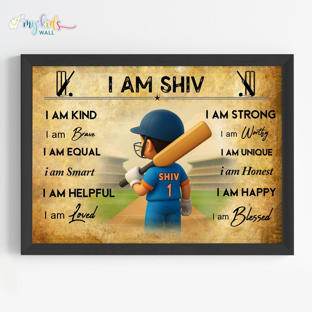Indian Cricket Champion Boy Personalized Motivational Wall Art Black Frame