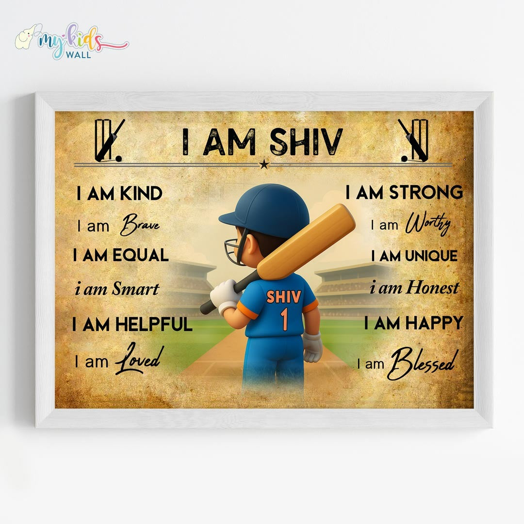 Indian Cricket Champion Boy Personalized Motivational Wall Art White Frame