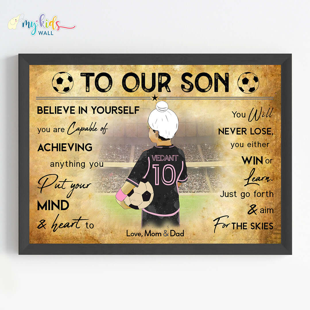 InterMiami Motivational football player sikh boy wall art black frame