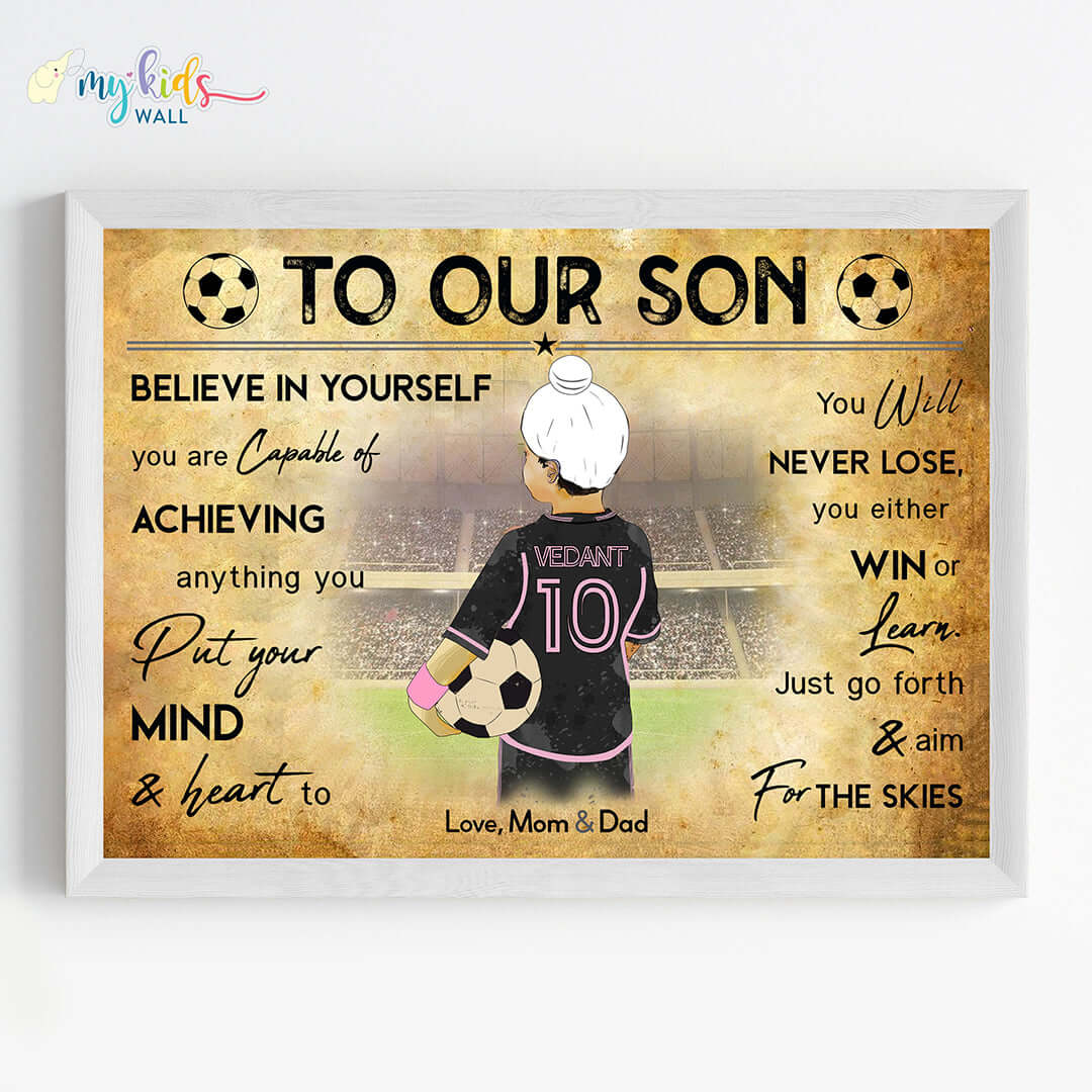 InterMiami Motivational football player sikh boy wall art white frame