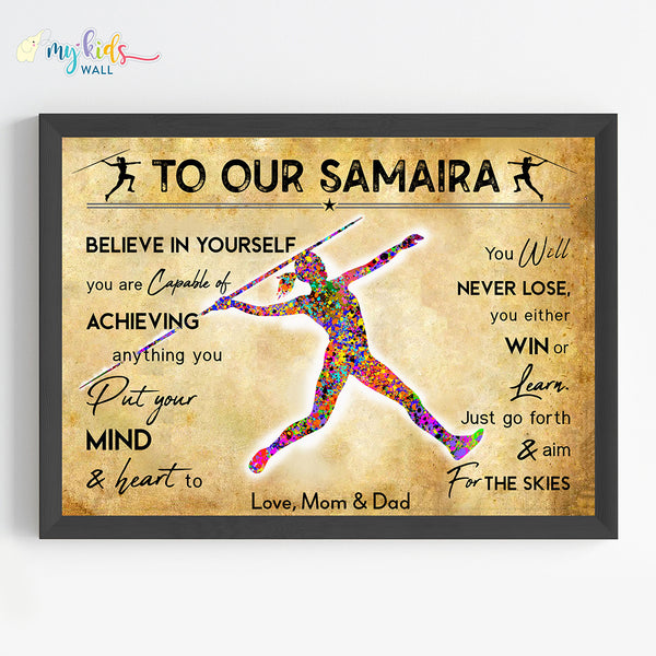 Load image into Gallery viewer, &#39;Javelin Thrower&#39; Female Personalised Motivational Wall Art (Framed) New
