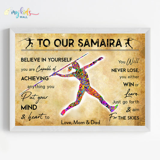 Javelin Thrower Female Personalised Motivational Wall Art (Framed)