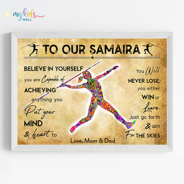 Load image into Gallery viewer, &#39;Javelin Thrower&#39; Female Personalised Motivational Wall Art (Framed) New
