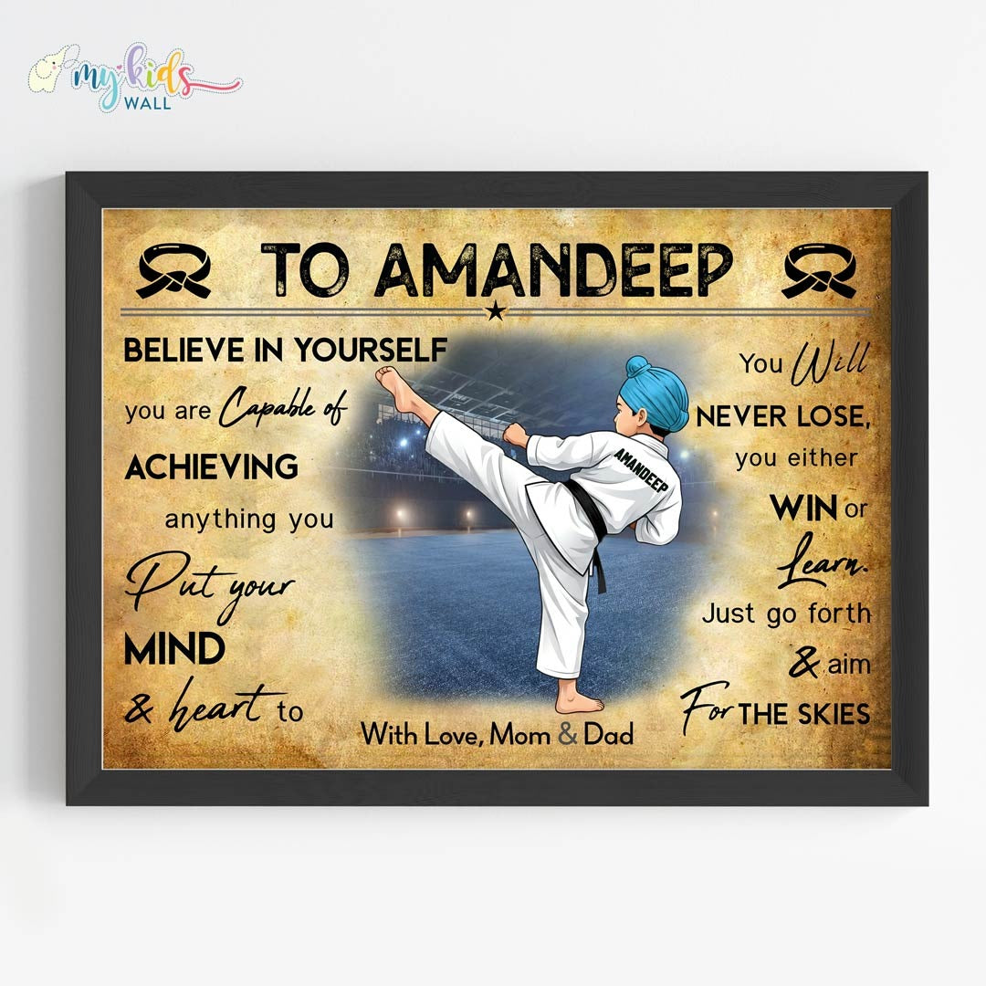Karate Sikh Boy Personalized Motivational Wall Art (Framed)