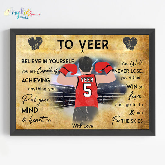 Kick Boxing Player Boy Personalized Motivational Wall Art (Framed)