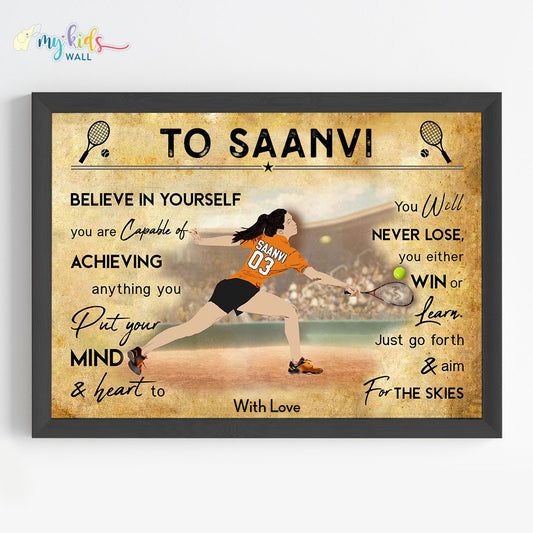 Lawn Tennis Player Girl Backhand Smash Personalized Motivational Wall Art (Framed) New