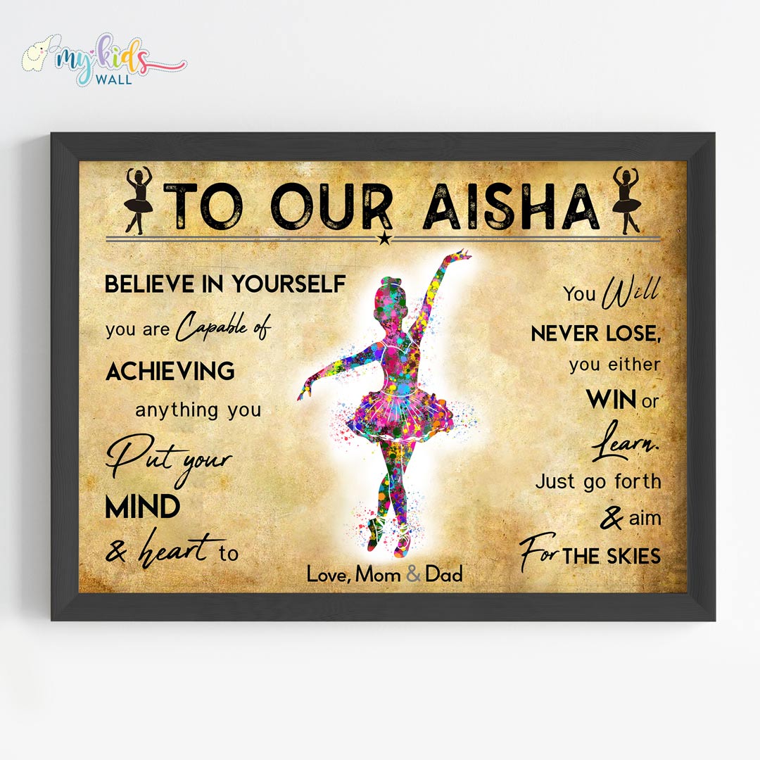 Little Ballerina Dancing Girl Personalized Motivational Wall Art Framed Black