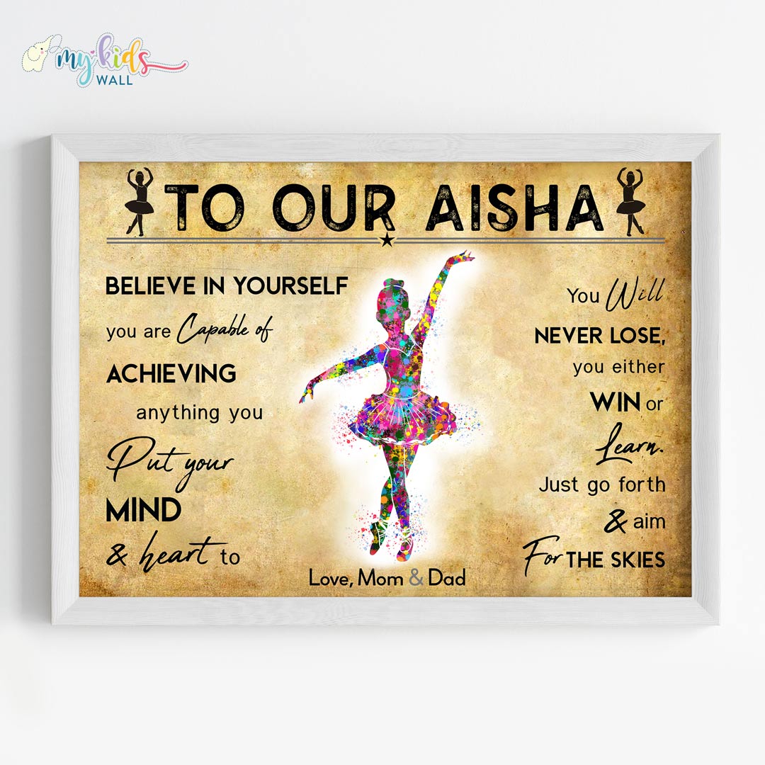 Little Ballerina Dancing Girl Personalized Motivational Wall Art Framed White