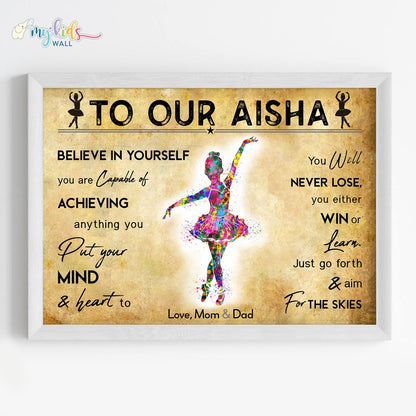 Little Ballerina Dancing Girl Personalized Motivational Wall Art Framed White