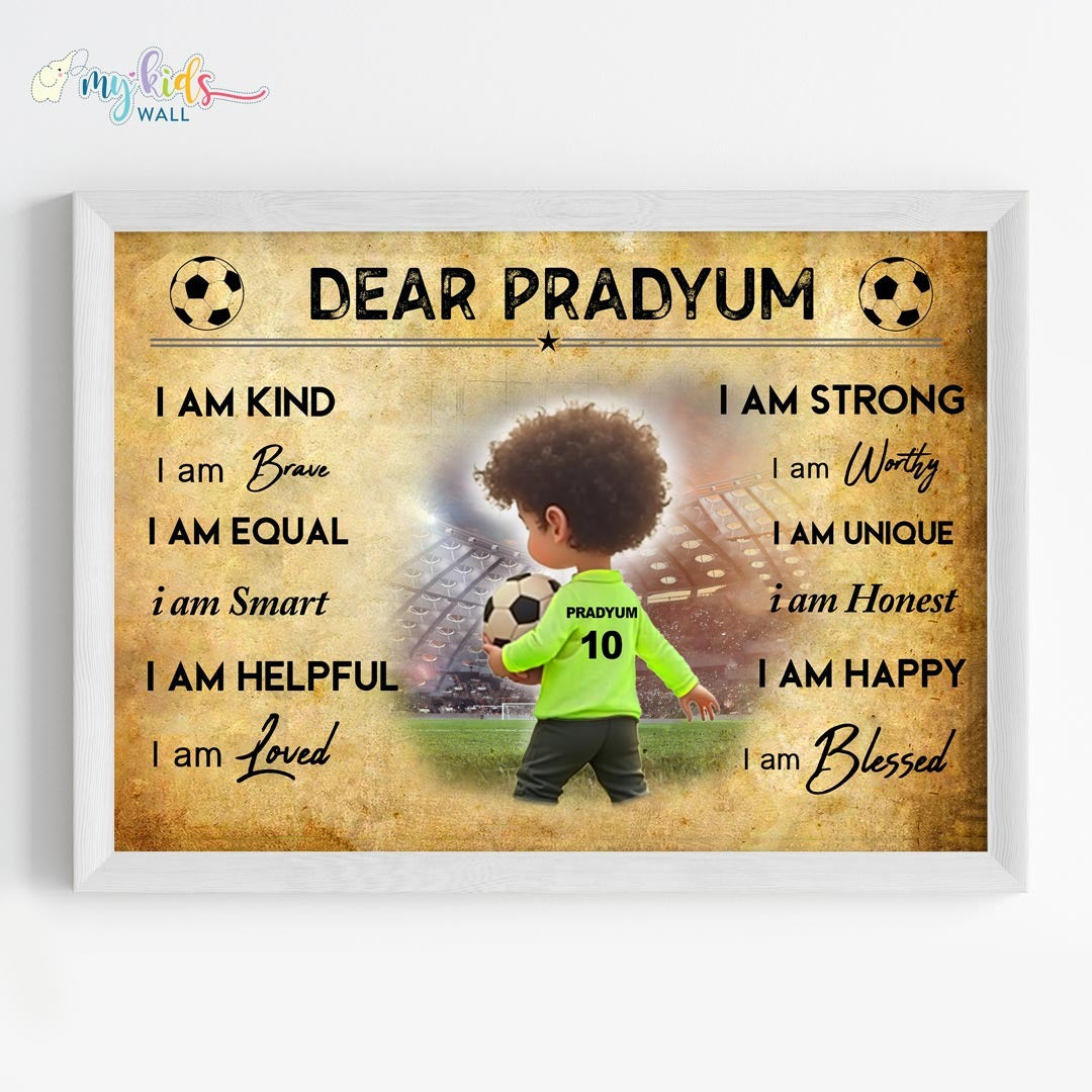 Little Footballer Personalized Motivational Wall Art White frame