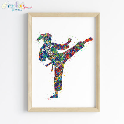 Martial Arts Girl Watercolor Personalised Wall Art (Framed)
