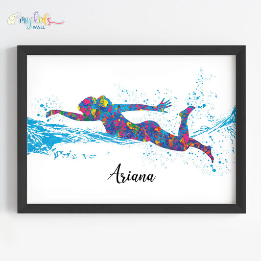 Multicolor Swimmer Girl Personalized Wall Art Black