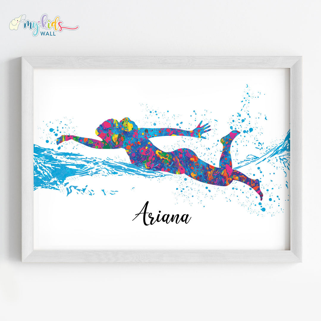 Multicolor Swimmer Girl Personalized Wall Art white