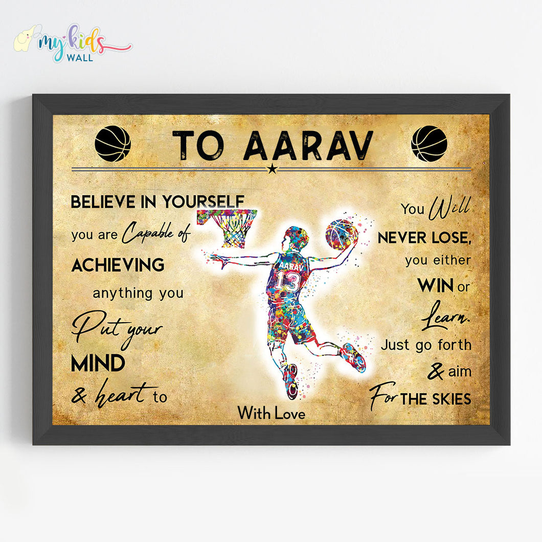 'Multicolor Basketball Player' Boy Personalized Motivational Wall Art (Framed)
