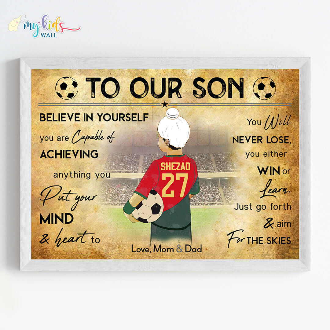 Portugal Motivational football player sikh boy wall art white frame