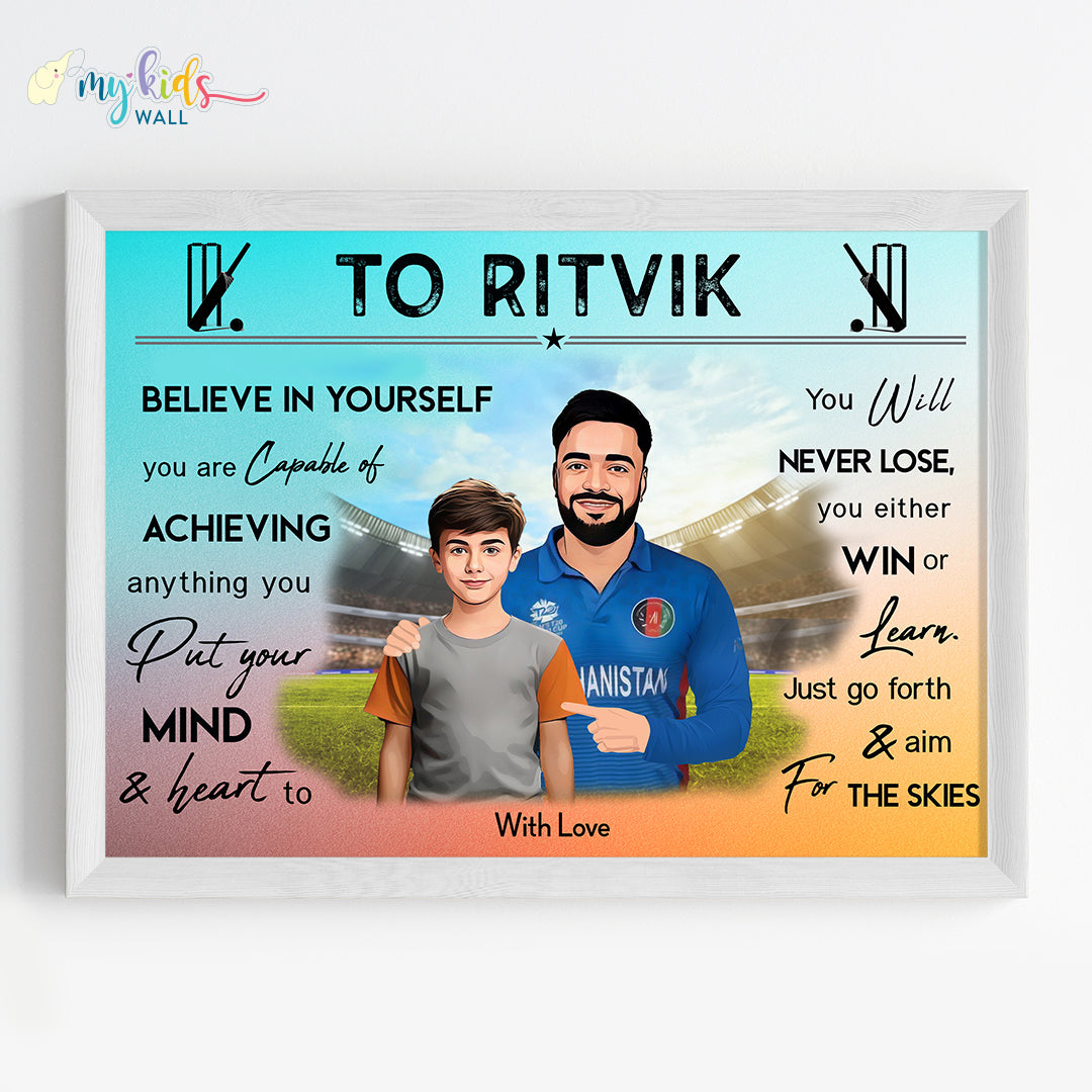 Cricket Champ with Rashid Khan Personalized Motivational Portrait (Framed)