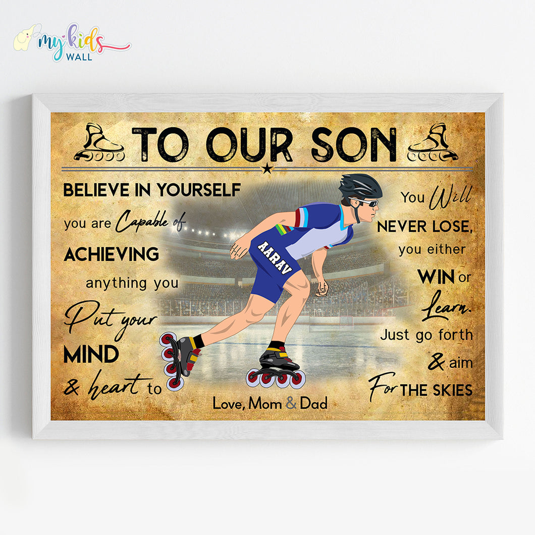 'Roller Skating' Boy Personalized Motivational Wall Art (Framed)