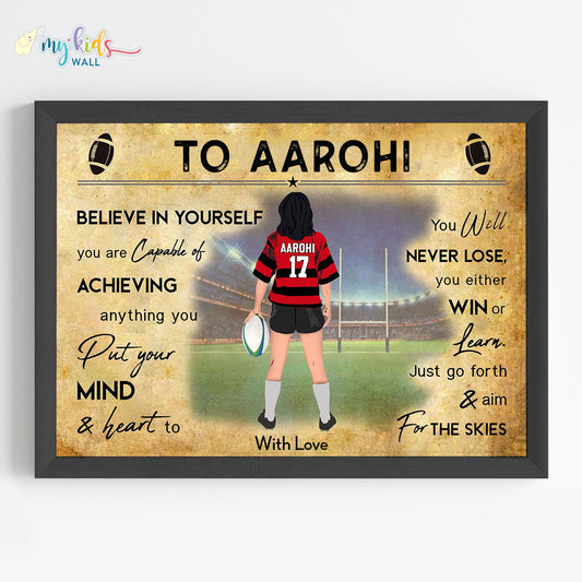 Rugby Player Girl Personalised Motivational Wall Art (Framed)