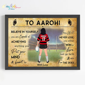 'Rugby Player' Girl Personalised Motivational Wall Art (Framed) New