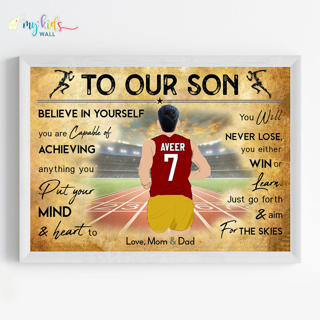 'Running Athlete' Boy Personalised Wall Art (Framed)