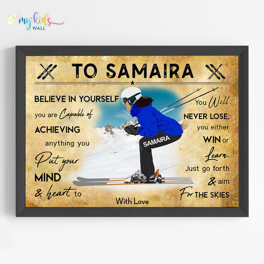 Skiing Player Girl Personalised Motivational Wall Art (Framed)