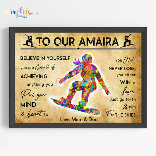 Snowboarding Girl Personalised Motivational Wall Art (Framed)