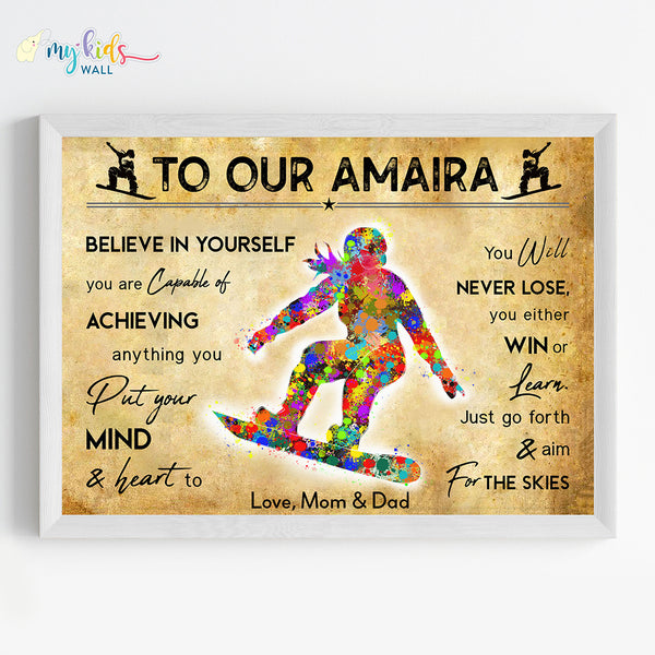 Load image into Gallery viewer, &#39;Snowboarding&#39; Girl Personalised Motivational Wall Art (Framed) New

