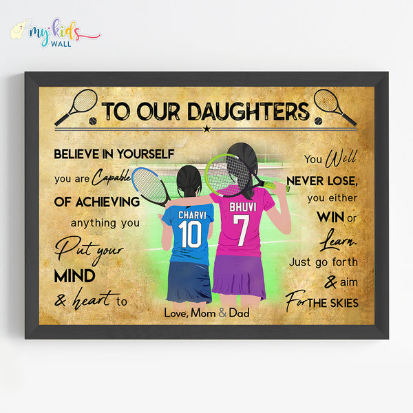 Load image into Gallery viewer, &#39;Tennis Player&#39; Sisters Personalized Motivational Wall Art (Framed)
